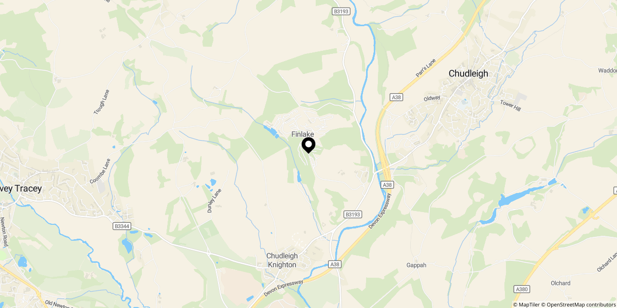 Approximate location of Finlake Holiday Park, Chudleigh, Newton Abbot, TQ13 0EJ